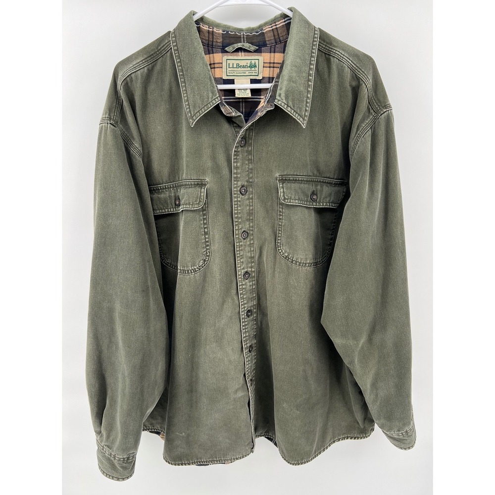 LL Bean Men's XXL Hurricane Cotton Twill Shacket Faded Green Plaid Flannel Lined